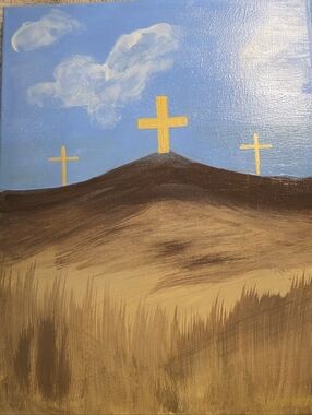 Painting Hand-Painted Three Crosses Landscape in Blue and Brown
